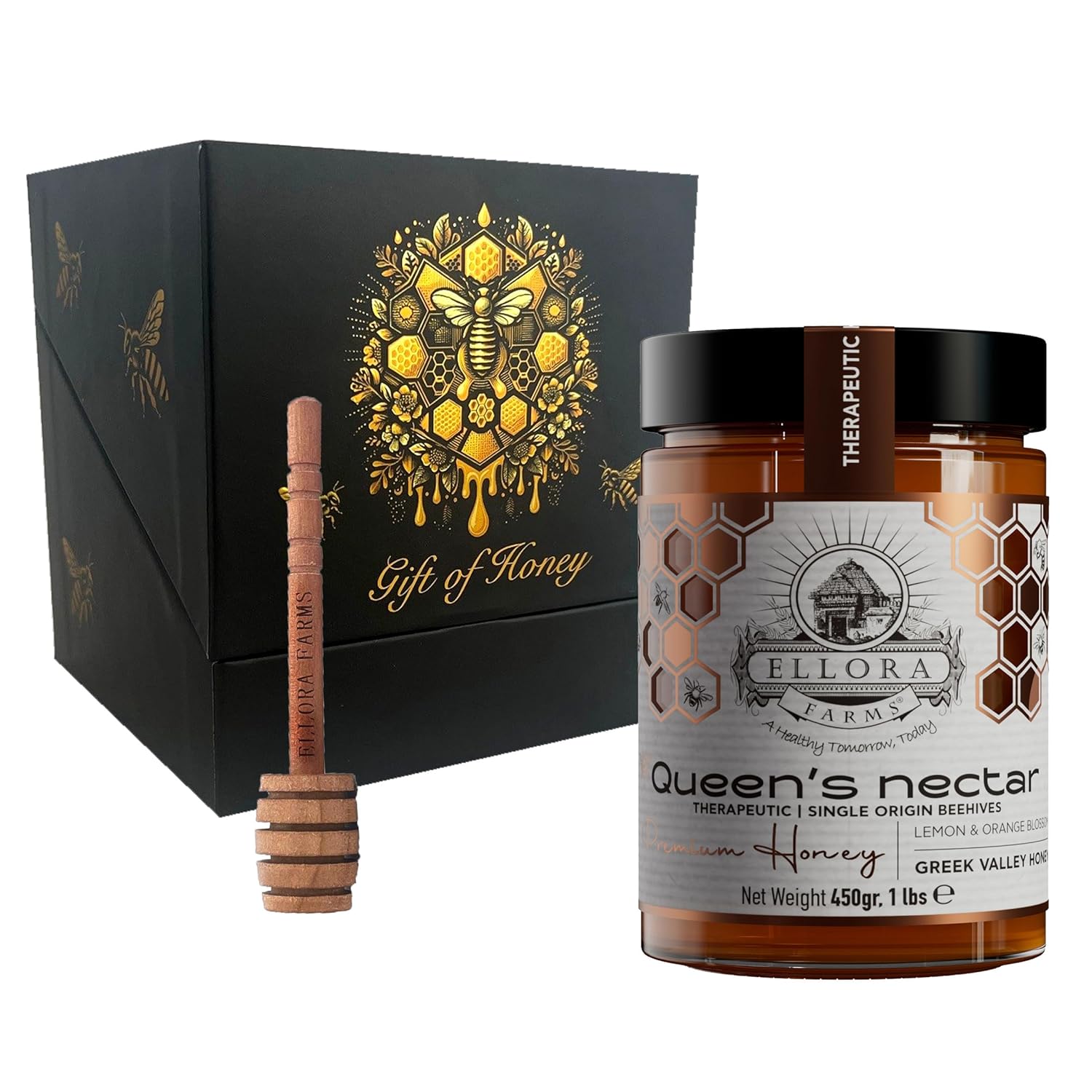 Ellora Farms Greek Honey from Greece, Lemon & Orange Blossom Raw Unpasteurized Honey, 2025 Paris Platinum Award, Non-GMO and Unpasteurized, Gift Pack with Dipper - 450 g