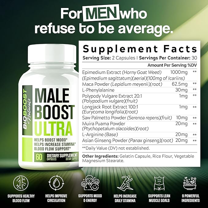 Male Boost Ultra - The Ultimate Male Supplement - Fast Acting Blood Flow Support - Gain Muscle, Strength, Stamina - Overall Test Level Support - HornyGoatWeed + 8 More - 60 Capsules