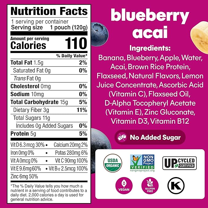 Noka Superfood Fruit Smoothie Pouches Ready to Drink with Brain Support, Healthy Snacks w/ 850mg Omega-3 Flax Seed Plant Protein Vegan Gluten Free Organic Fruit Squeeze Pouch Blueberry Acai 4.22 oz 6 Count