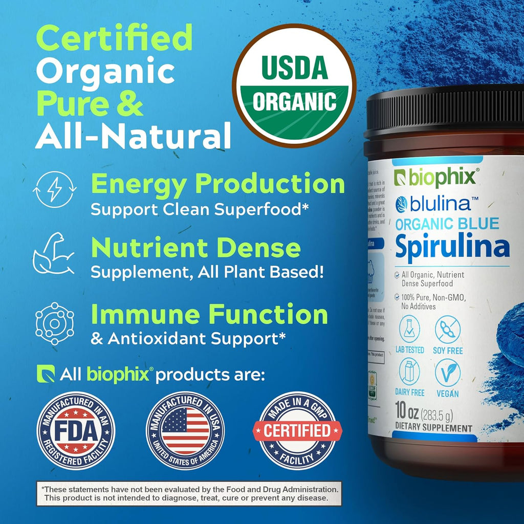 biophix Blue Spirulina Powder Organic Blulina 10 oz - Algae Organic Spirulina Powder 283 Servings - Superfood Supplement - Natural Blue Pigment - Espirulina en Polvo Organica Pura Azul