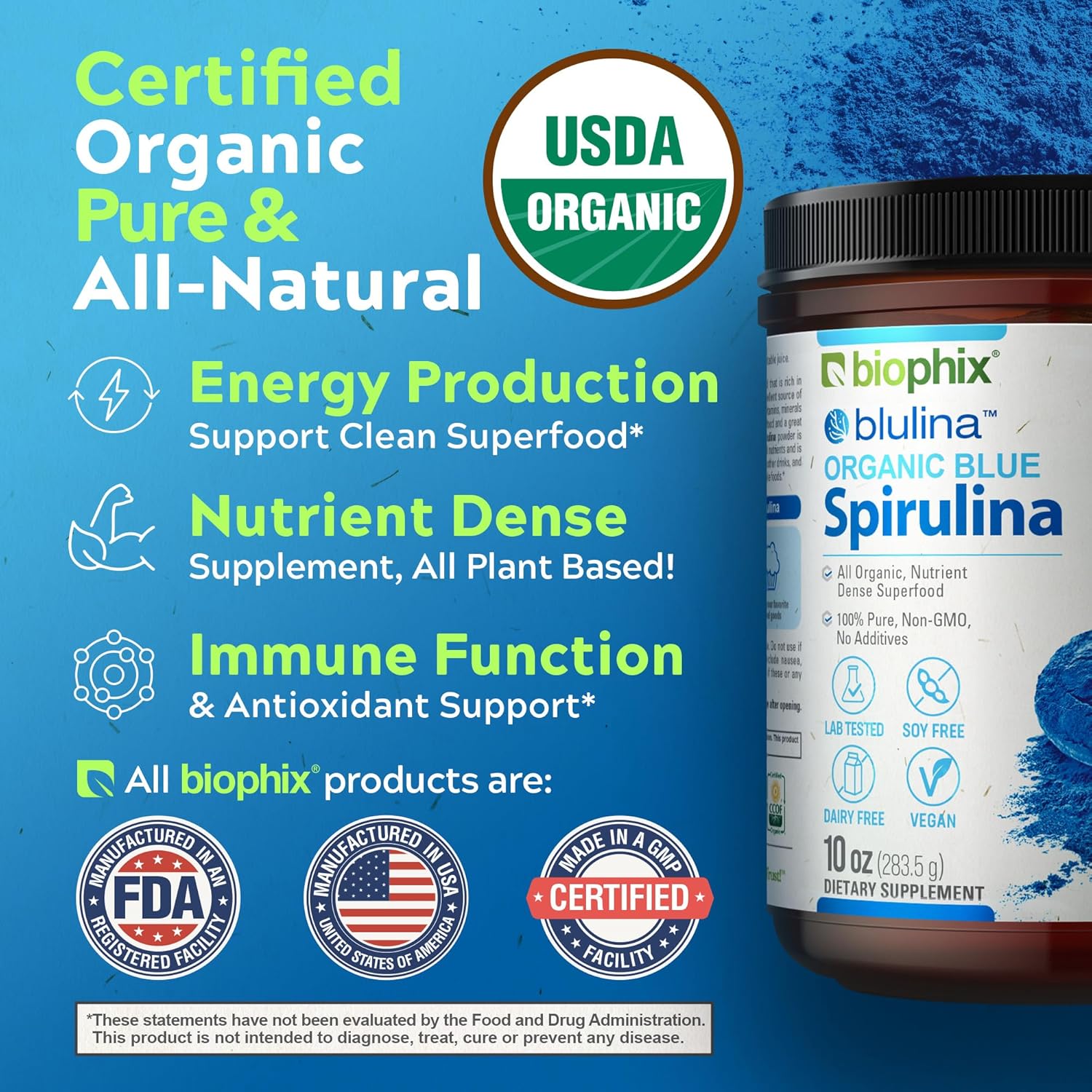 biophix Blue Spirulina Powder Organic Blulina 10 oz - Algae Organic Spirulina Powder 283 Servings - Superfood Supplement - Natural Blue Pigment - Espirulina en Polvo Organica Pura Azul