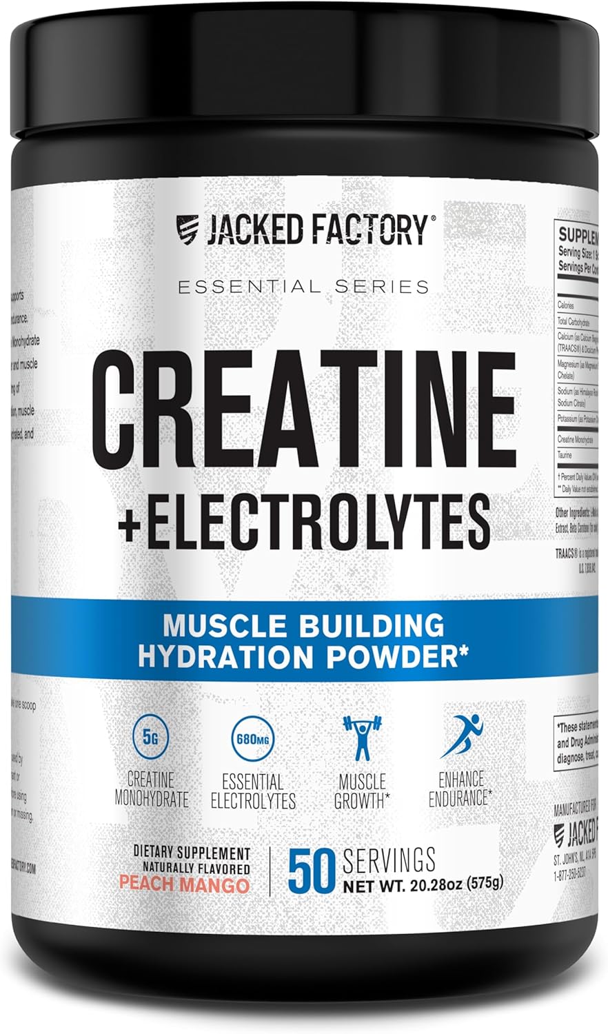 Jacked Factory Creatine + Electrolytes - Creatine Monohydrate with Taurine, Calcium, Sodium, & Potassium to Increase Muscle Growth, Strength, Hydration, & Endurance - 50 Servings, Peach Mango
