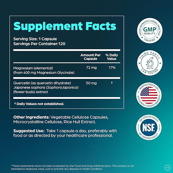 Magnesium Glycinate 400mg High Absorption Capsules with Quercetin | Quality Sleep, Relaxation & Muscle Health Supplement for Women and Men | Chelated Magnesium 120 Count (Pack of 1) | Easy to Swallow