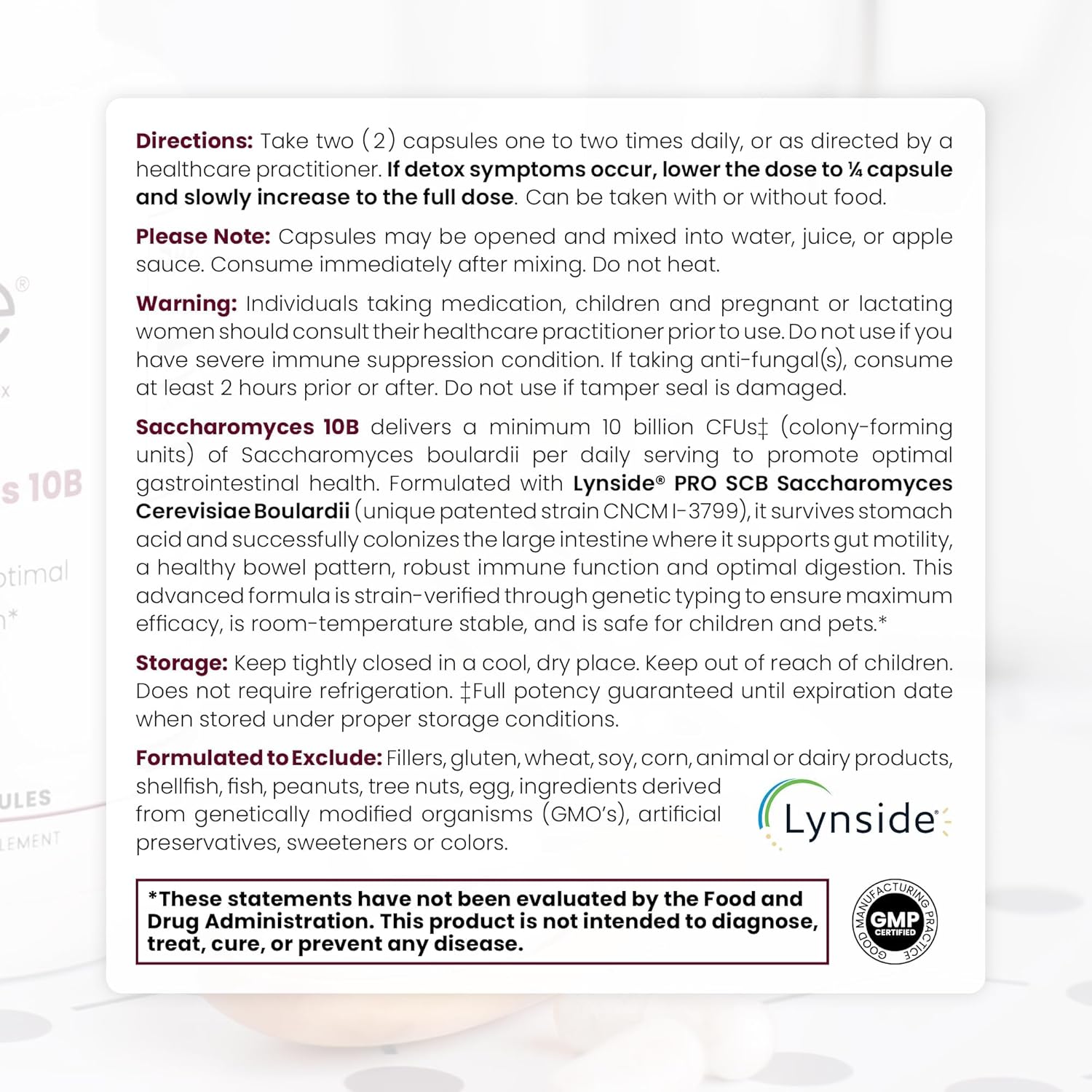 Saccharomyces 10B - Saccharomyces Boulardii, 10 Billion CFU Per Serving, Patented Strain: Lynside CNCM I-3799, Probiotic Capsules, Probiotics for Men and Women - 60 Count