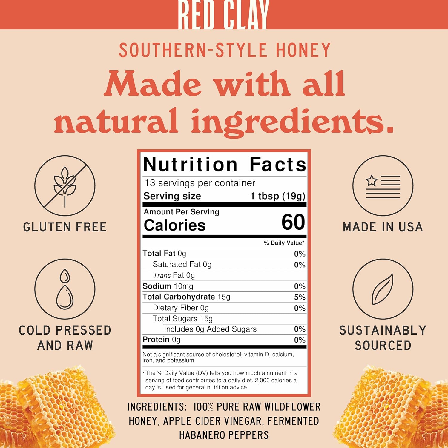 Red Clay Hot Honey - Gluten Free - Paleo Spicy Honey - 100% Pure, Raw Wildflower Honey - Infused Honey with Habanero Peppers - Sweet with a Kick of Heat - Great for Spicy Pizza Topping & More - 9 oz