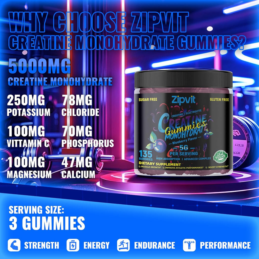 Zipvit Creatine Monohydrate Gummies (5g) – Pre-Workout Energy & Muscle Growth Support for Men & Women | Blueberry Electrolyte Gummies (135 Count)