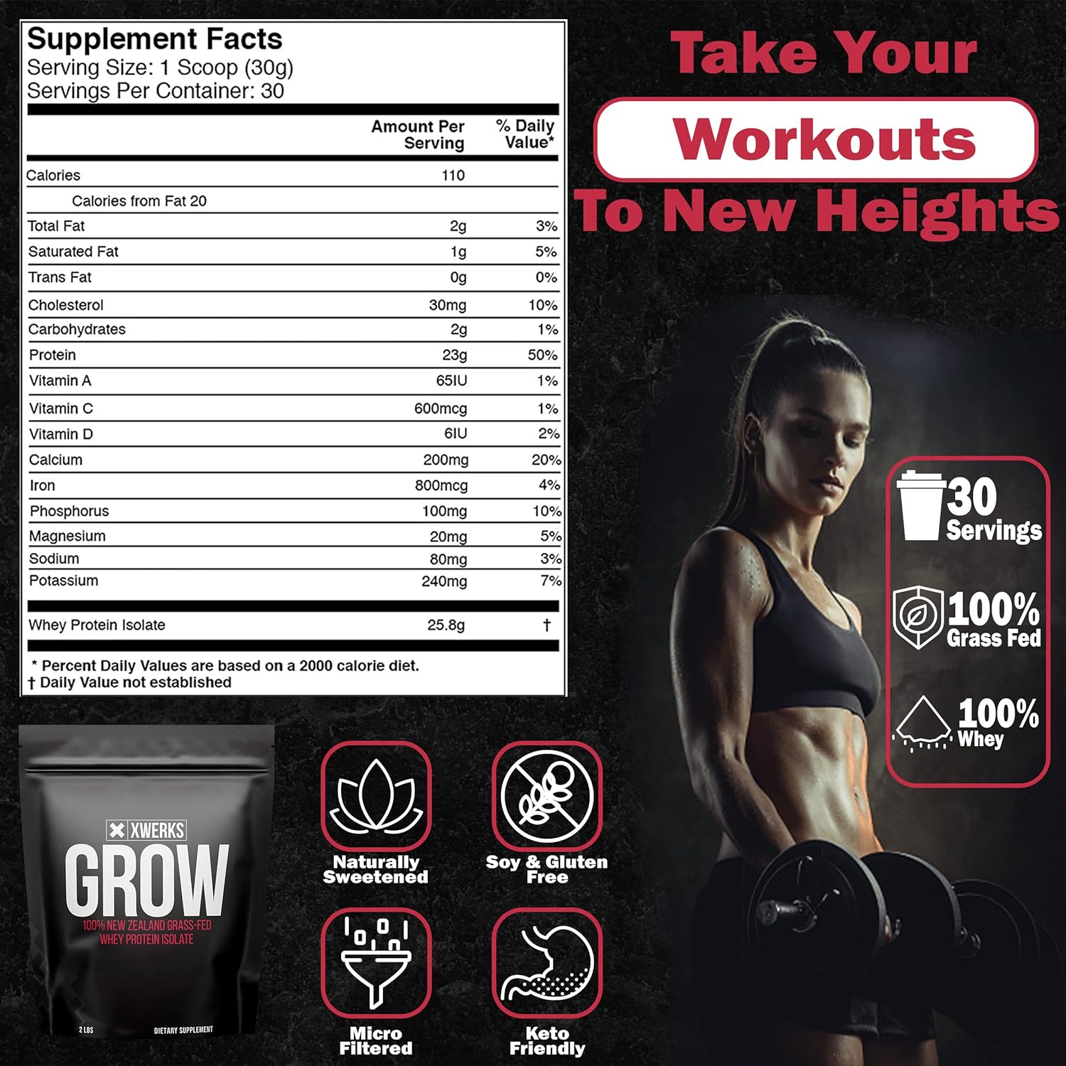 Xwerks Grow 100% New Zealand Grass Fed Whey Protein, 25g Pure Isolate Protein Powder Per Serving, All Natural Paleo and Keto Friendly, Soy Free Gluten Free Easy to Digest, Strawberry, 30 Servings