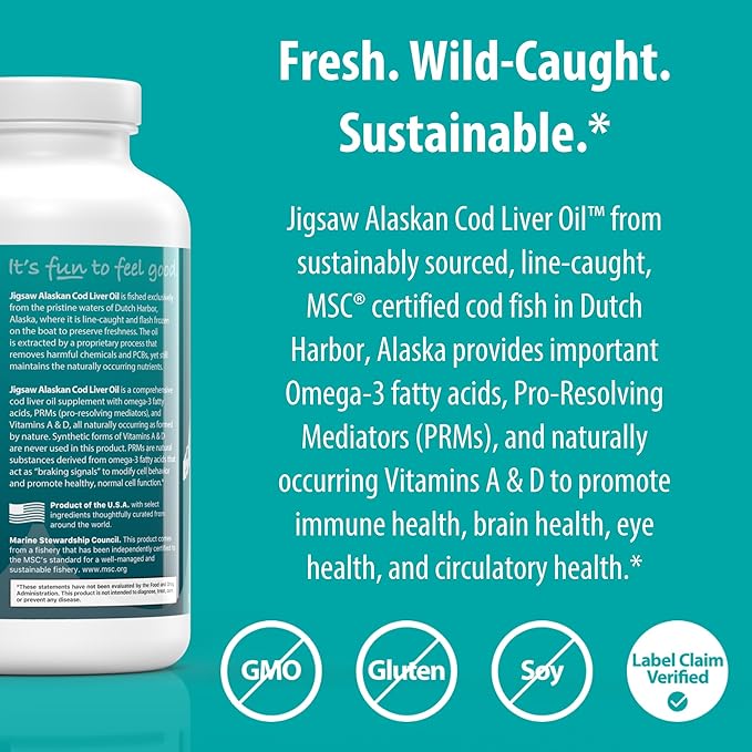 Jigsaw Health Alaskan Cod Liver Oil | 900 mg Omega-3s with EPA, DHA, and DPA | Includes Naturally Occuring Vitamins A & D | 180 Softgels | 60 Servings