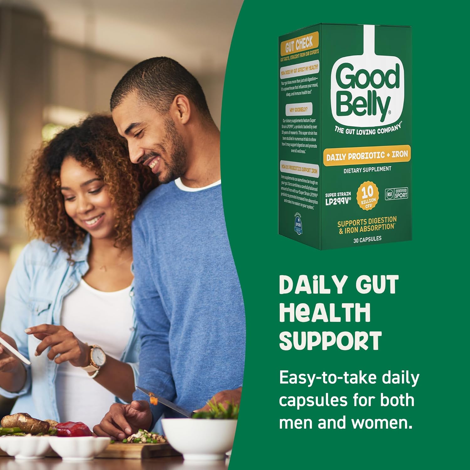 GoodBelly Probiotic Capsules for Digestive Health & Iron Absorption | Vegan Probiotic Supplement with 10 Billion Live Cultures | Probiotics for Women & Men | 30 Capsules