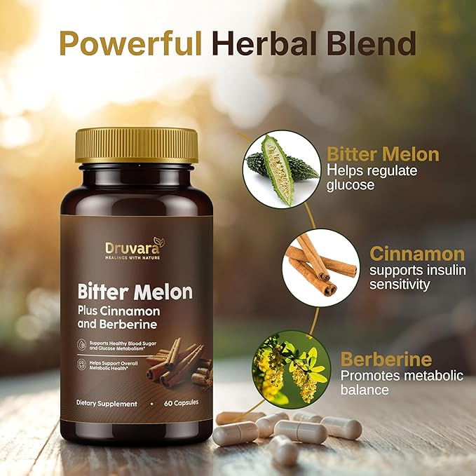 Bitter Melon Capsules with Berberine & Cinnamon, Sugar Balance, Metabolic Health & Steady Energy, with Extra Strength Bitter Melon Extract, Clean Formula, 60 Capsules