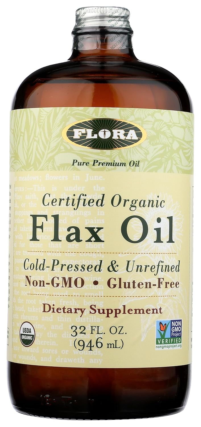 Flora - Flax Oil - Cold-Pressed, Unrefined, Organic Flax Seed Oil - Contains Omega-3 & Omega-6 - Non-GMO & Gluten-Free - Keep Chilled - 32 fl. oz. Amber Glass Bottle