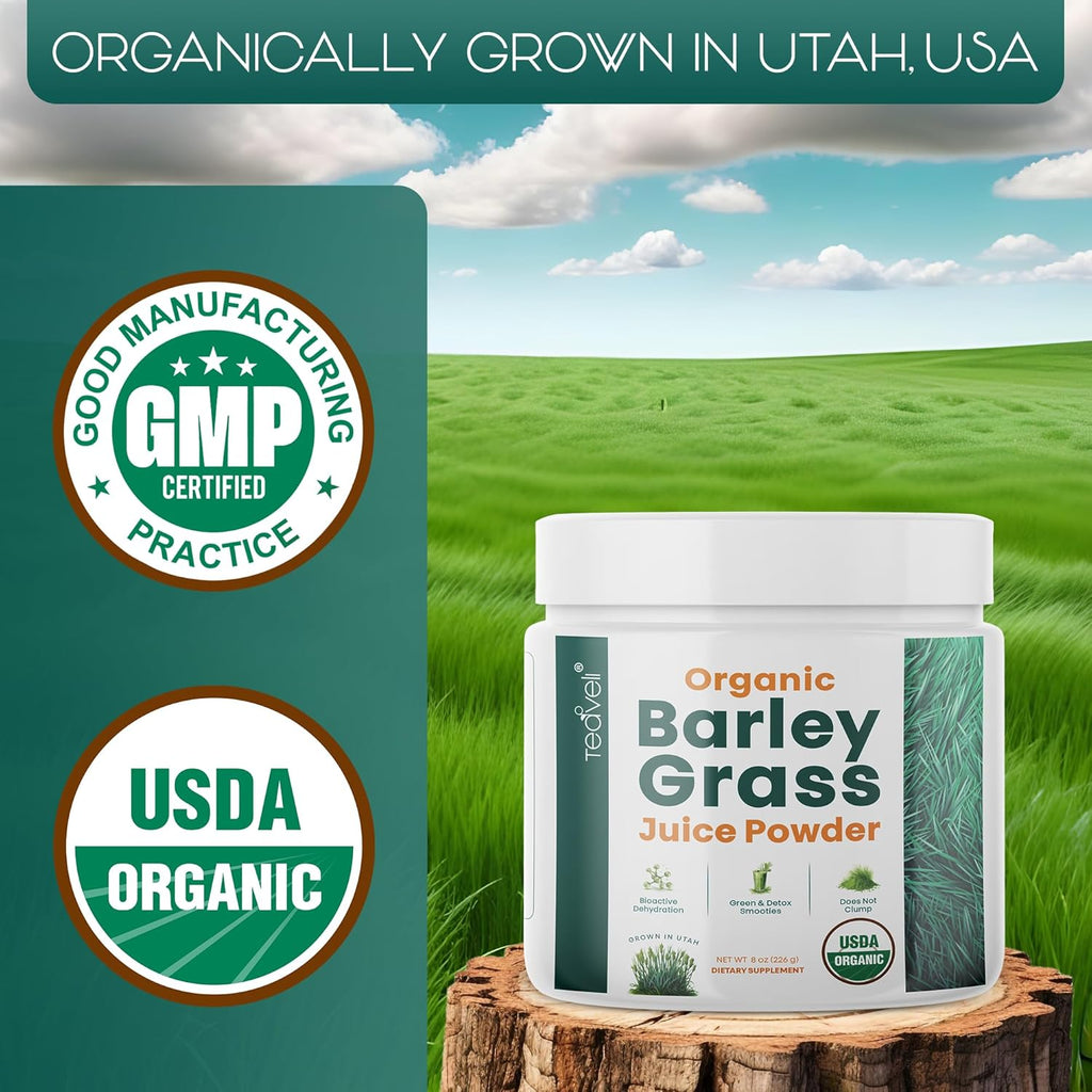Organic Barley Grass Juice Powder– Raw, Utah Grown Barley Grass Juice Extract for Detox- Complements Wheatgrass Juice- Made in USA Without Gluten, Additives or Preservatives- 8 oz (226 Grams)