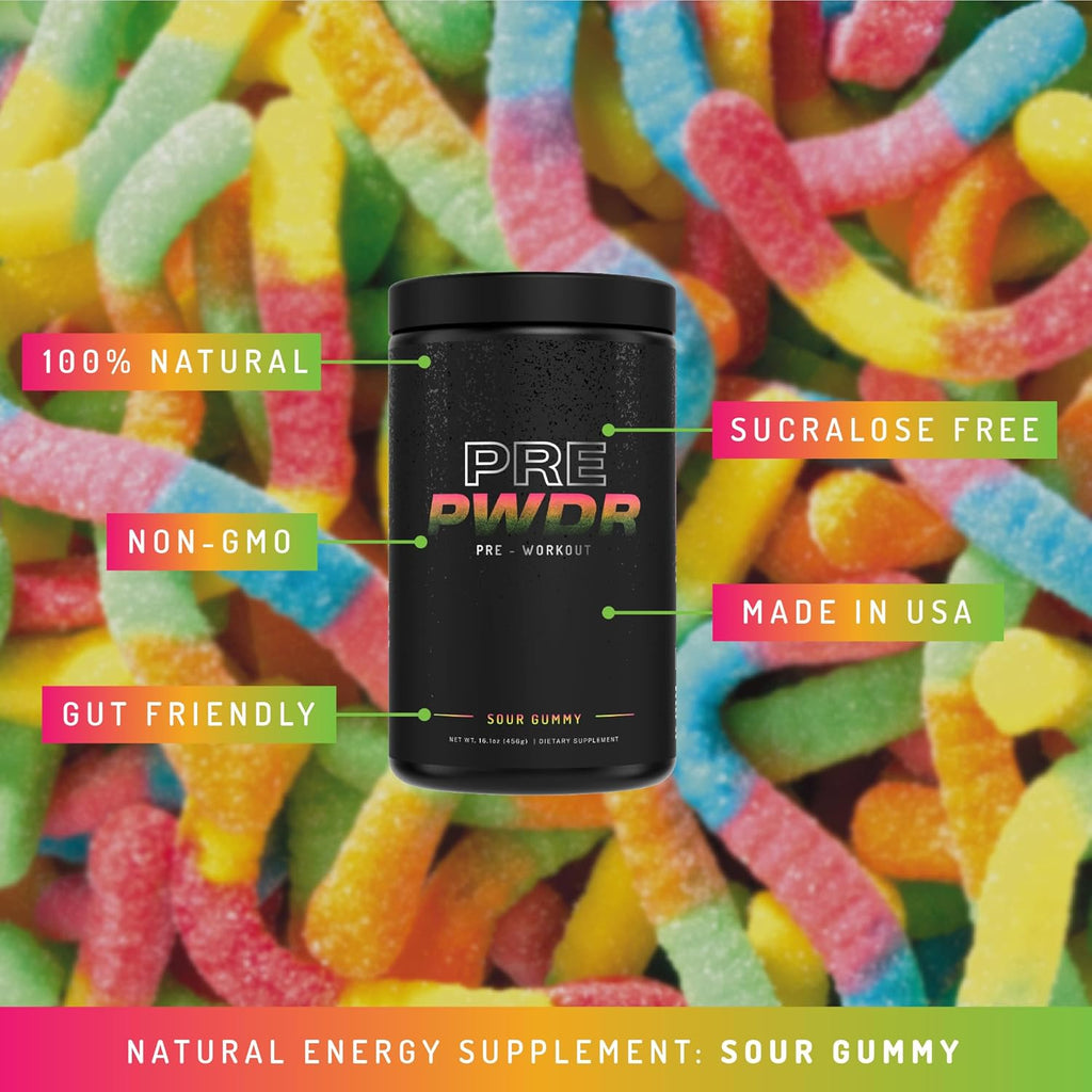 PWDRS Pre-Workout Powder, All Natural Pre Workout for Energy, Pump, Endurance & Strength, with Caffeine (Sour Gummy)
