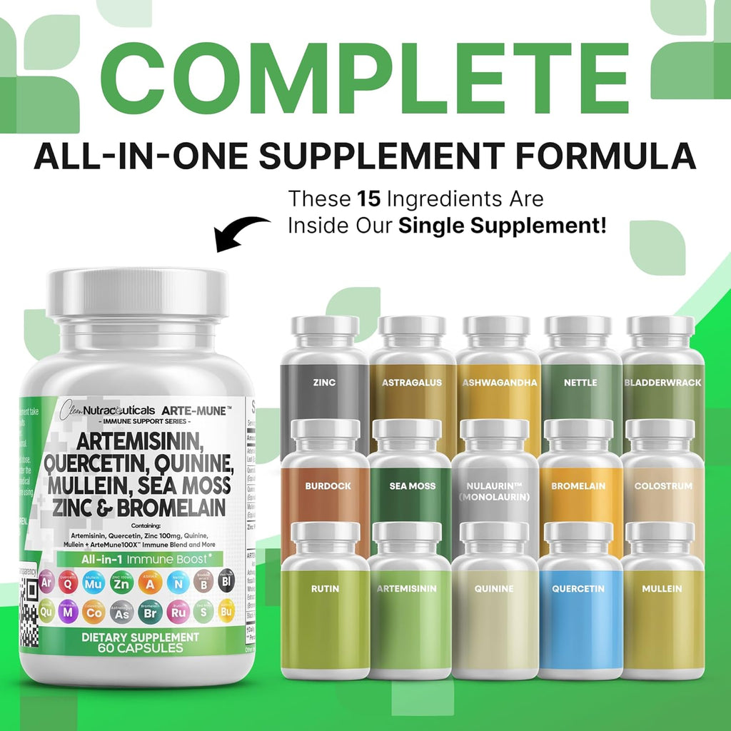 Clean Nutraceuticals Artemisinin Quercetin Zinc Mullein Quinine Supplement with Sea Moss Bromelain Ashwagandha Root Nettle Leaf Bladderwrack Burdock Root Monolaurin Colostrum Rutin
