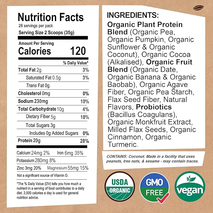 EarthChimp Organic Vegan Protein Powder - with Probiotics - Non GMO, Dairy Free, Non Whey, Plant Based Protein Powder for Women and Men, Gluten Free - 26 Servings 32 Oz (Chocolate) No Scoop