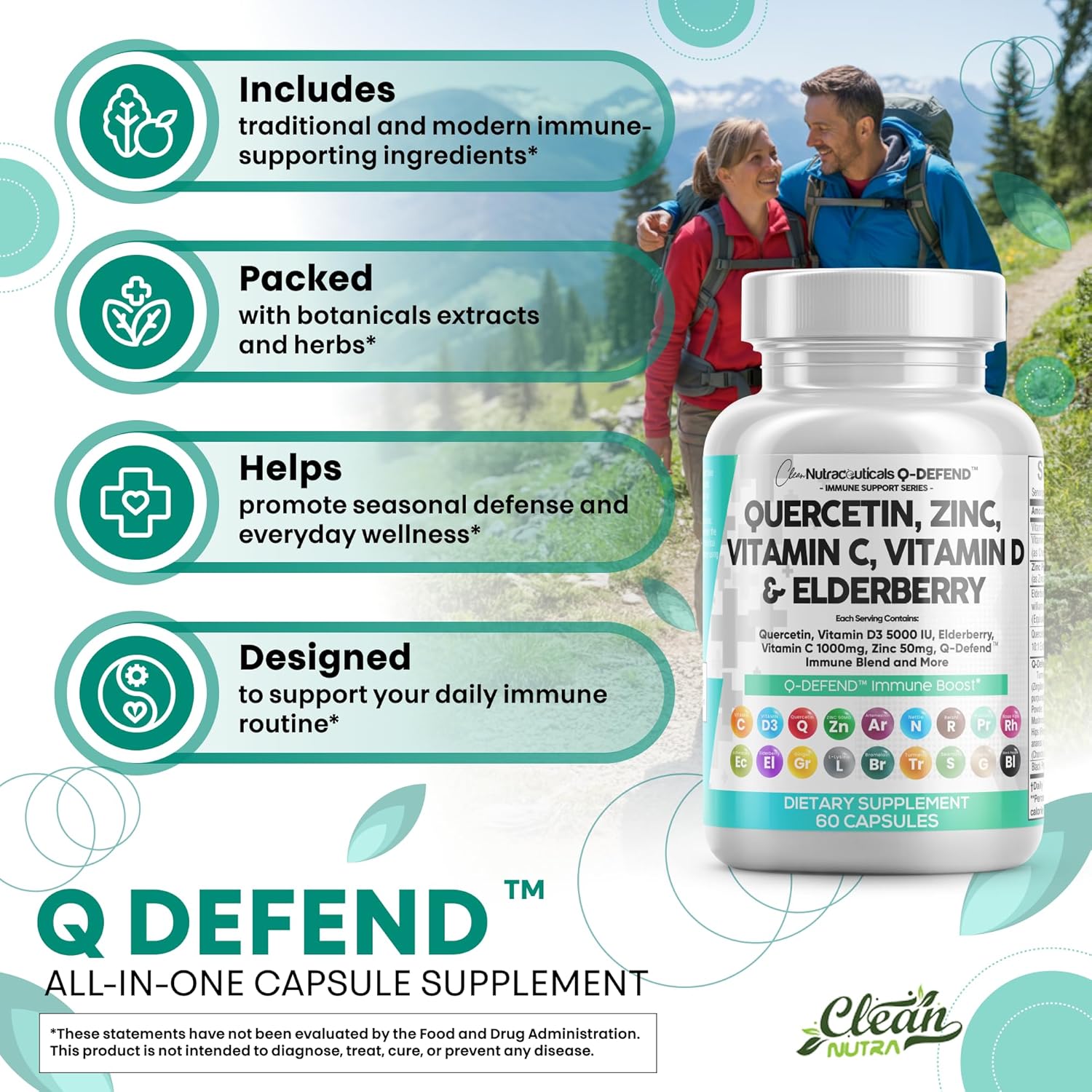 Clean Nutraceuticals Quercetin Zinc Vitamin C Vitamin D Bromelain Elderberry - Lung Immune Support Supplement Adults with Artemisinin, Sea Moss, Echinacea, Allergy Relief (60 Count (Pack of 3))