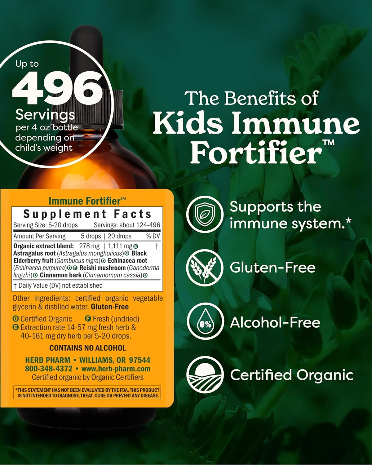 Herb Pharm Kids Certified-Organic Alcohol-Free Immune Fortifier Liquid Herbal Formula, 4 Ounce