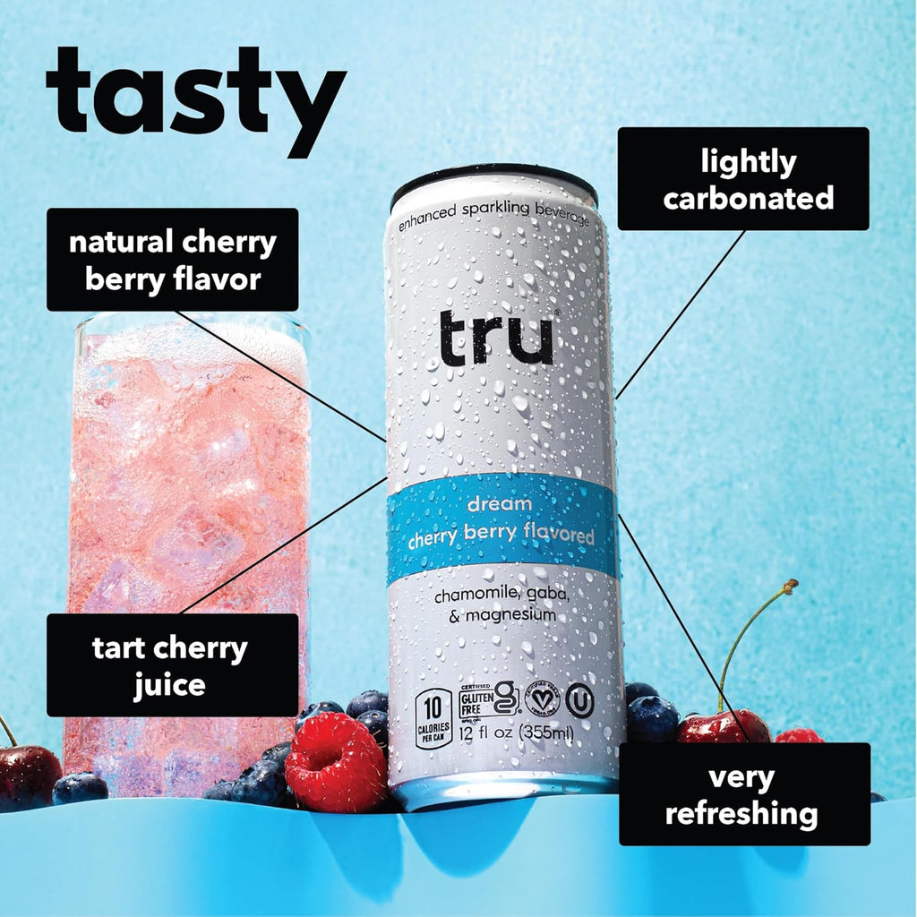 Tru Dream Seltzer, Cherry Berry, Sparkling Water with Chamomile, GABA, Magnesium & Tart Cherry Juice, Sweetened with Monk Fruit & Stevia, Gluten Free, Vegan, Caffeine Free, 12 FL OZ Cans, 12 Pack