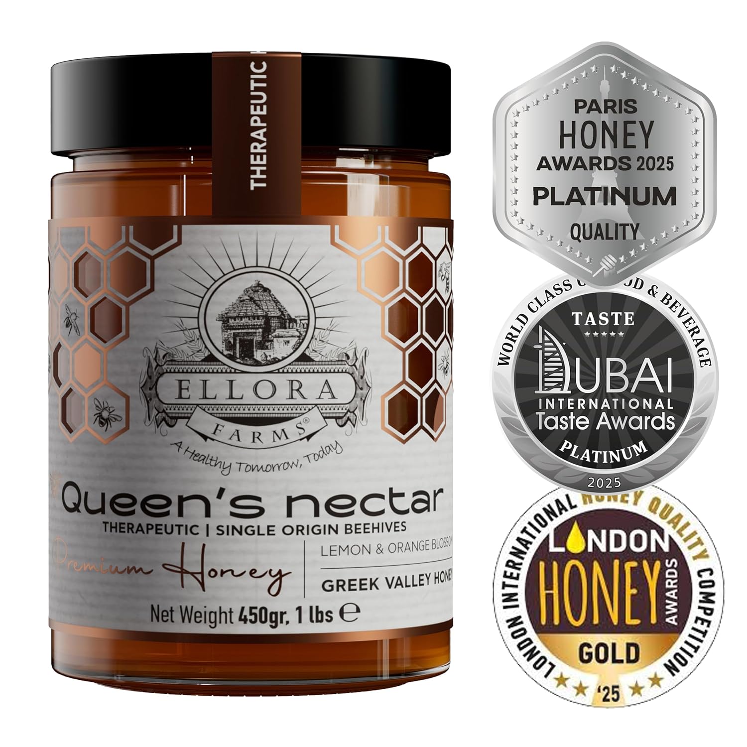 Ellora Farms Greek Honey, Lemon & Orange Blossom Pure Honey, Island of Crete, Kosher, 2025 Paris Platinum Award, Non-GMO and Unpasteurized, Gift Pack with Dipper - 450 g