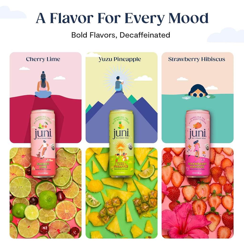 Juni Sparkling Adaptogen Drink with Ashwagandha, Lion’s Mane & Reishi Mushrooms | Green Tea for Focus, Zero Sugar, 5 Calories | Decaffeinated, Non Alcoholic Drinks - Strawberry Hibiscus 12 pack