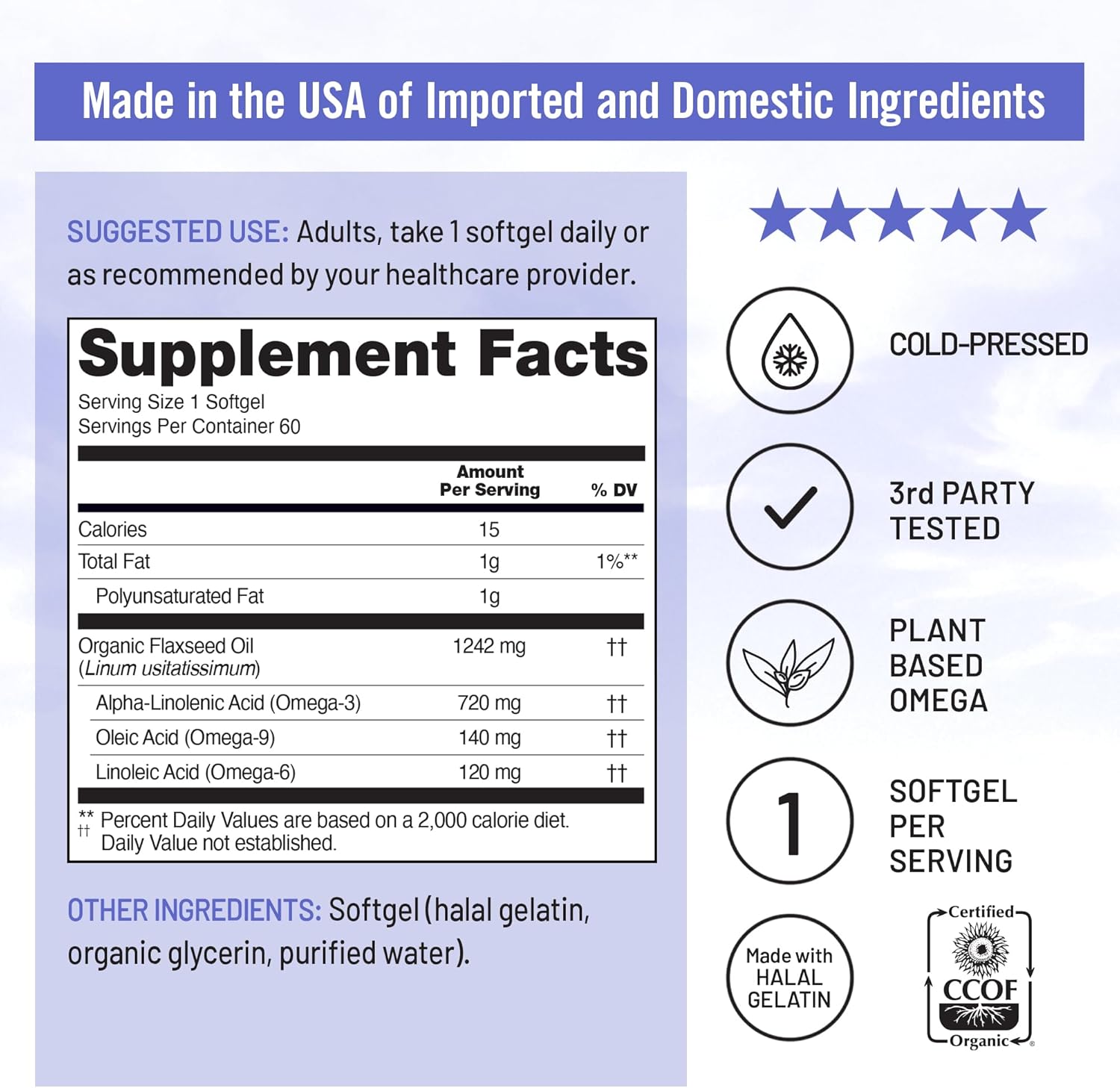 NatureWise Flaxseed Oil 1200 mg, Fish Free Omega 3 6 9 with 720mg ALA, Dietary Supplement for Heart Health Support - Organic, Cold Pressed, Non-GMO - 60 Softgels[2-Month Supply]