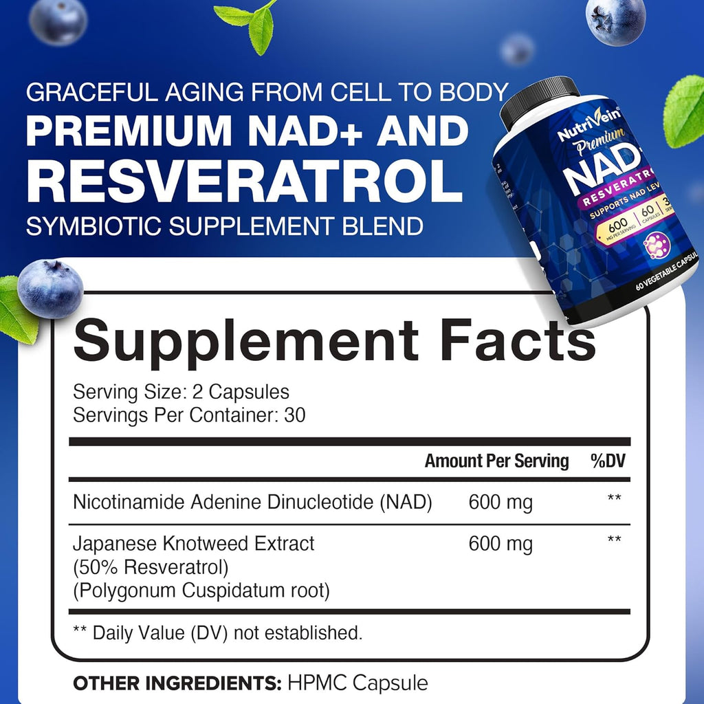 Nutrivein Premium NAD + Resveratrol Supplement 600 mg - 30 Servings (60 Capsules): Powerful Synergistic NAD Resveratrol Supplement - Aging, Cognition, Metabolism, & Overall Well-Being