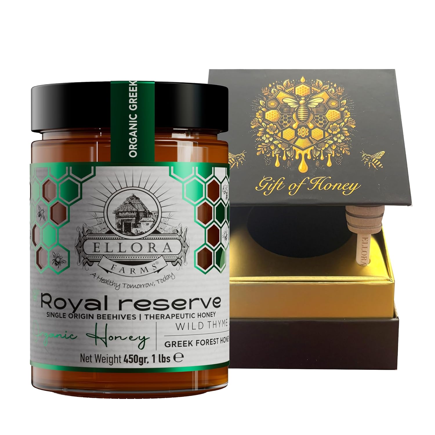 Ellora Farms Organic Honey, Wild Thyme Organic Honey Raw Unfiltered, Preservative and Additive Free, 2025 Paris and Dubai Gold Awards Winner, Gift Pack with Dipper - 450 g