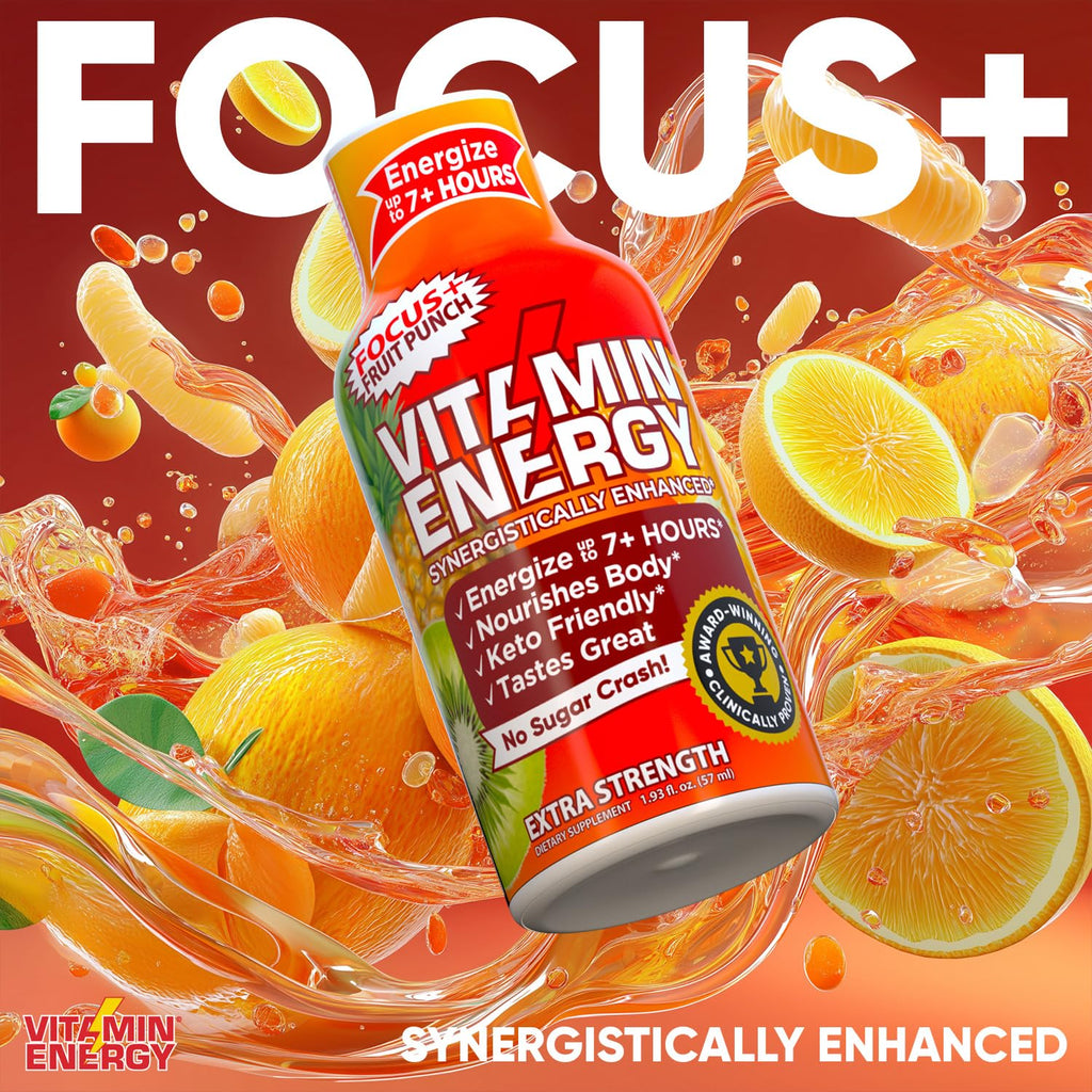 Vitamin Energy Focus+ Extra Strength Energy Shot Fruit Punch 10 Pack, 260mg Natural Caffeine, B-Vitamins, CoQ10, Amino Acids, Focus, Productivity & Clarity, Zero Sugar, Gluten-Free, 1.93 fl oz
