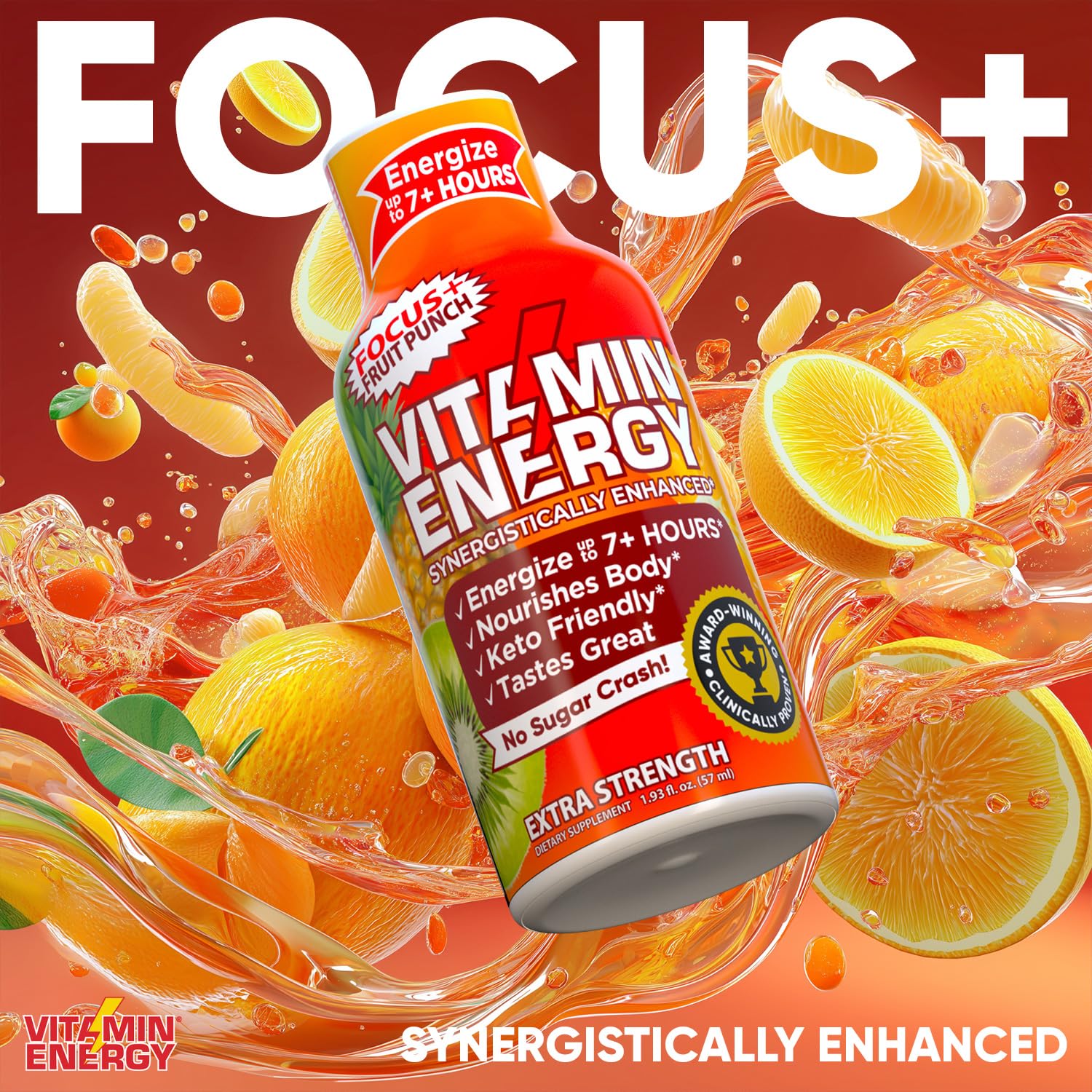 Vitamin Energy Focus+ Extra Strength Energy Shot Fruit Punch 10 Pack, 260mg Natural Caffeine, B-Vitamins, CoQ10, Amino Acids, Focus, Productivity & Clarity, Zero Sugar, Gluten-Free, 1.93 fl oz