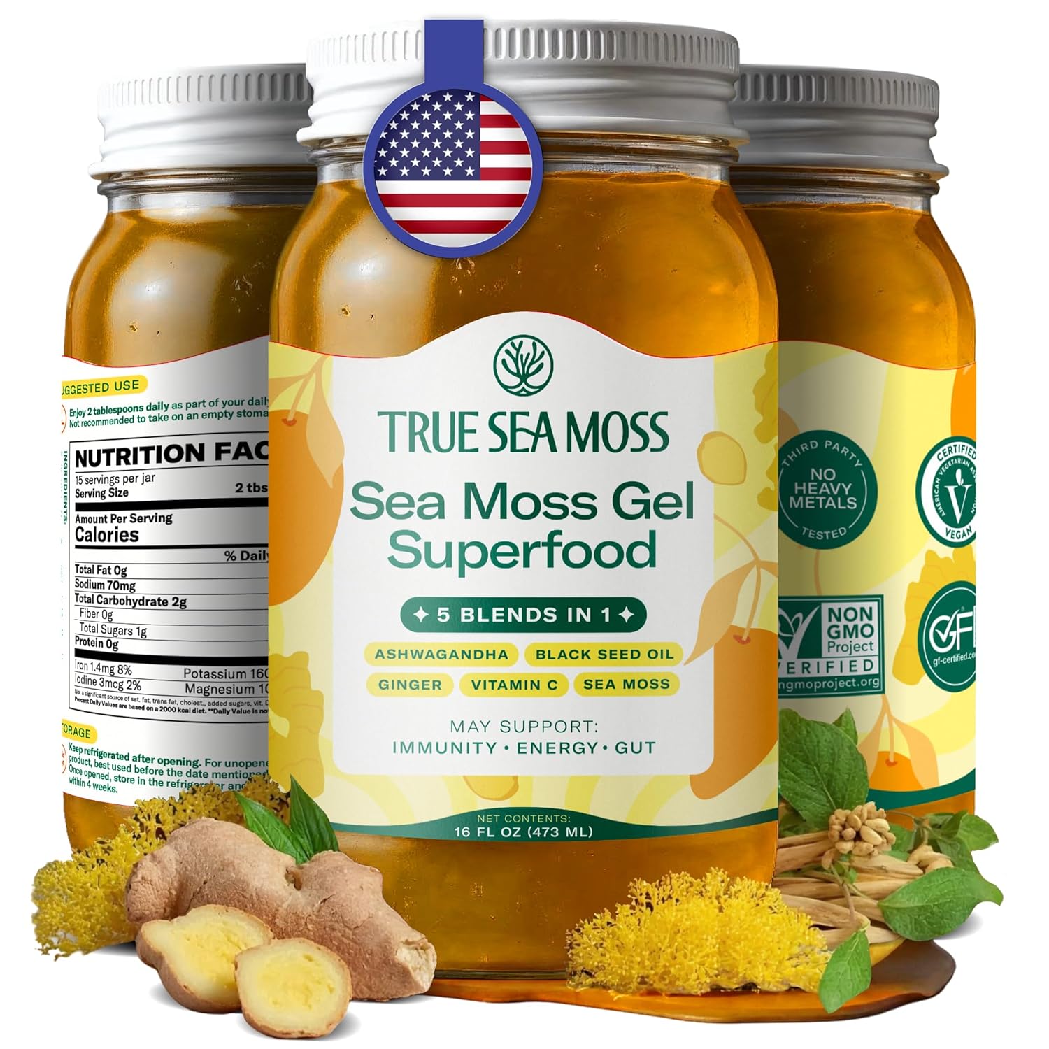 TrueSeaMoss Sea Moss Gel – Made in USA – 5-in-1 Formula – Wildcrafted Seamoss, Ashwagandha & Sea Vegetables – Ashwagandha, Pack of 1 (Labels May Vary)