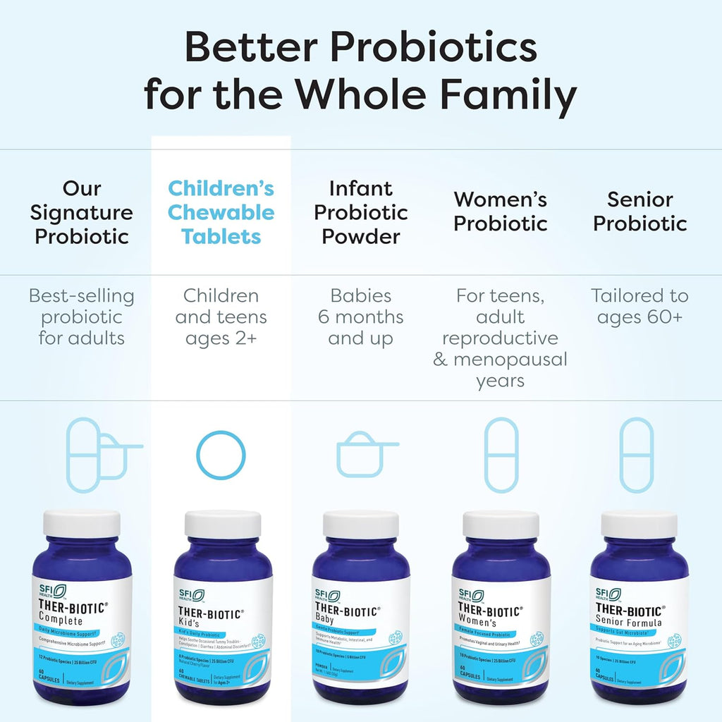 Klaire Labs SFI Health Ther-Biotic Kids Chewable Probiotic - GI Health + Immune Support for Kids - Chewable 25b CFU Lactobacillus + Bifidobacterium - Hypoallergenic, Dairy-Free (60 Tablets / 2 Pack)