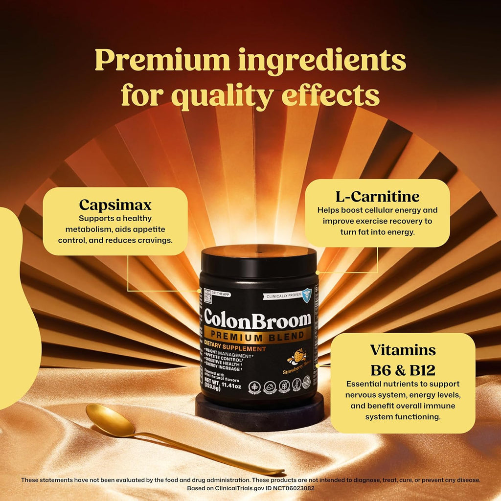 ColonBroom Premium Weight Management Supplement (Strawberry) - Colon Broom Psyllium Husk Fiber Powder Drink - Gluten Free, Non-GMO Colon Cleanse for Bloating Relief & Gut Health, 100 Servings