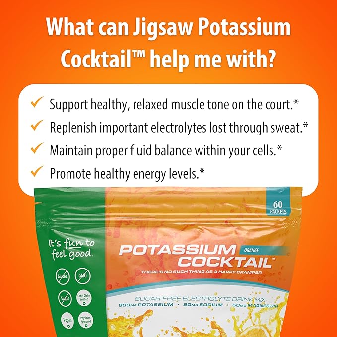 Jigsaw Health Potassium Cocktail | Formerly Pickleball Cocktail | Orange Flavor | 60 Servings (Packets)