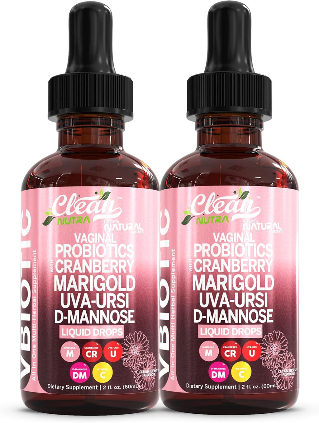 VBiotic Vaginal Probiotic for Women Liquid Drops | Womens Probiotics | Cranberry Uva Ursi Horsetail D-Mannose Prebiotics Marigold & Black Cohosh Vaginal Health Supplement | pH Balance | By Clean Nutra