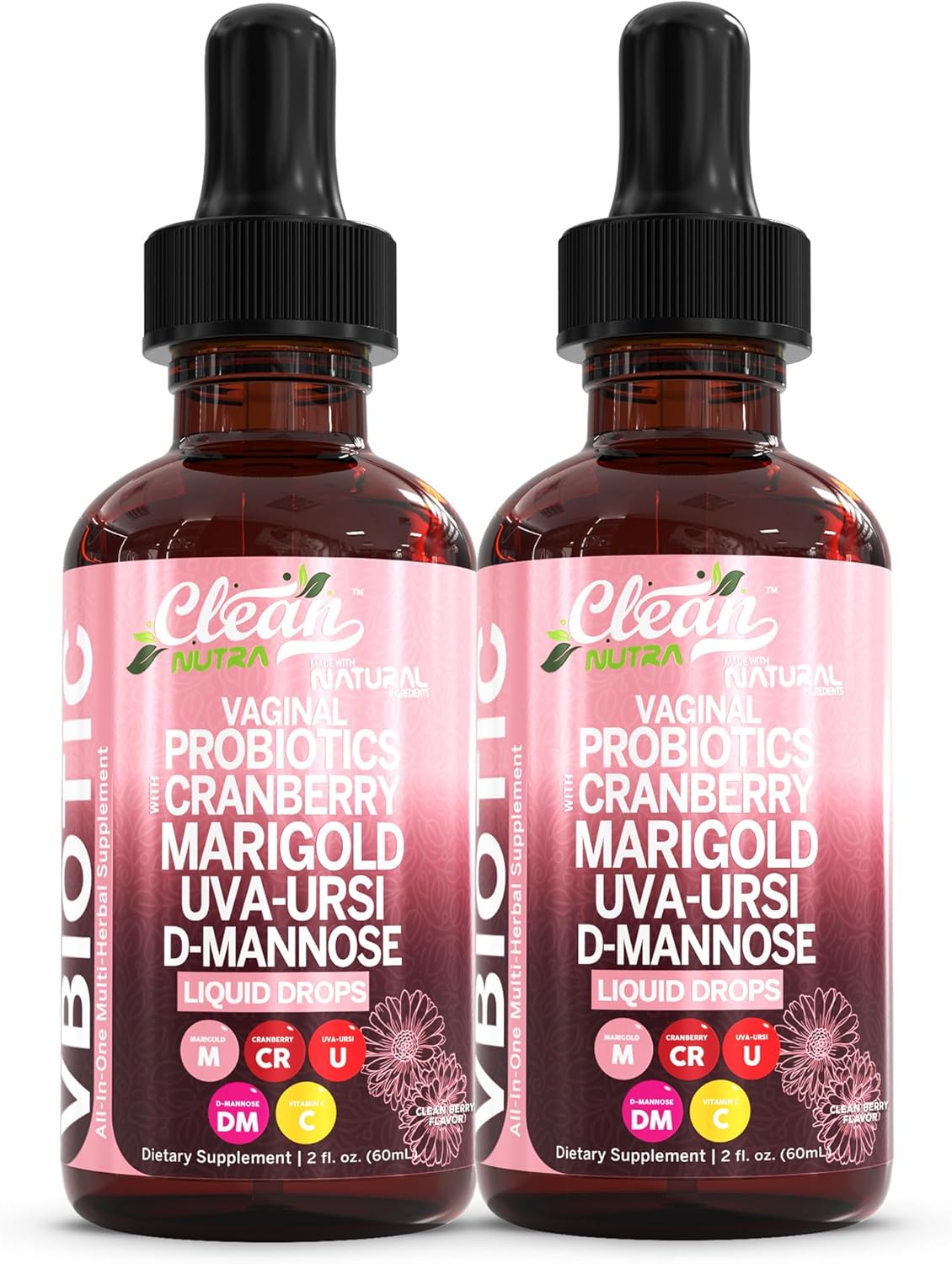 VBiotic Vaginal Probiotic for Women Liquid Drops | Womens Probiotics | Cranberry Uva Ursi Horsetail D-Mannose Prebiotics Marigold & Black Cohosh Vaginal Health Supplement | pH Balance | By Clean Nutra