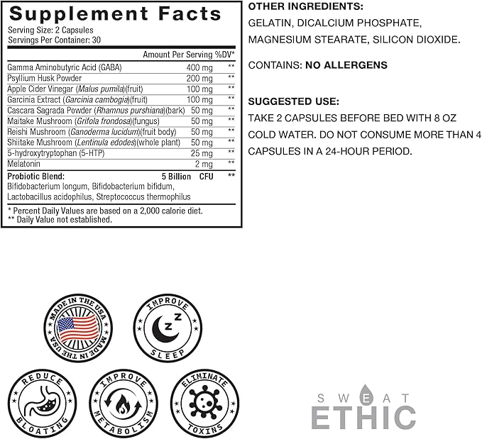 Sweat Ethic Pure & Lean Detox, Natural Nighttime Support with GABA, 5 HTP, Melatonin, Probiotics & Herbal Extracts, Supports Evening Routine and Digestion, Dietary Supplement for Men & Women, 60 Count