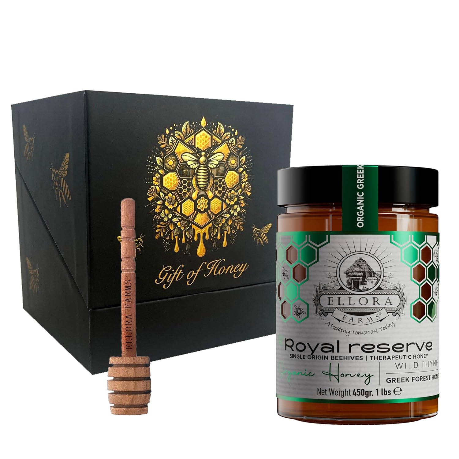 Ellora Farms Organic Honey, Wild Thyme Organic Honey Raw Unfiltered, Preservative and Additive Free, 2025 Paris and Dubai Gold Awards Winner, Gift Pack with Dipper - 450 g