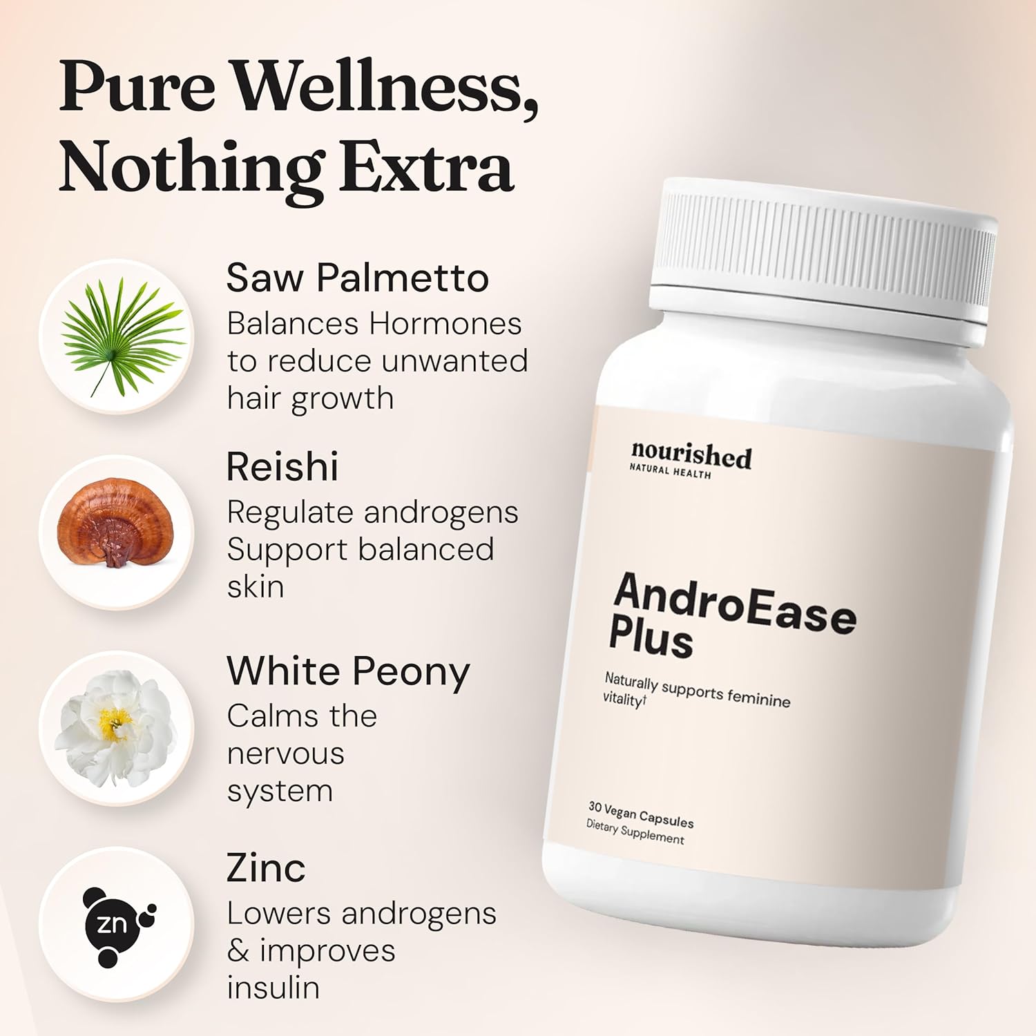 Nourished AndroEase Plus Double Strength – Vegan Hormone Balance for Women – Zinc, Reishi, Green Tea and Saw Palmetto – for Energy, Vitality, Facial Hair and Daily Wellness – 30 Capsules, Made in USA