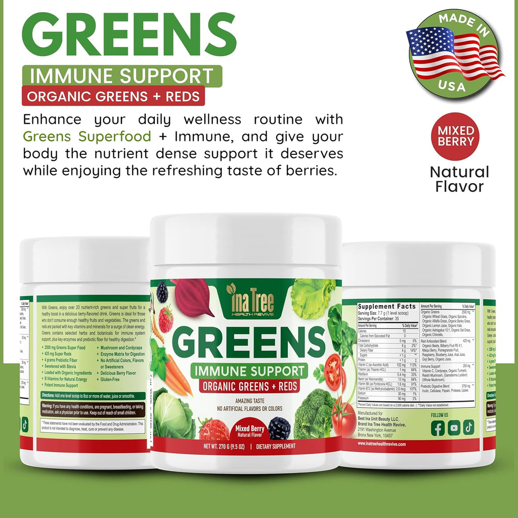 Greens Powder Immune Support, Superfood Blend with 20 Organic Greens & Superfruits, Boost Energy Level, Digestive Enzymes & Prebiotic Blend, Natural Mixed Berry Flavor (9.5 Oz)