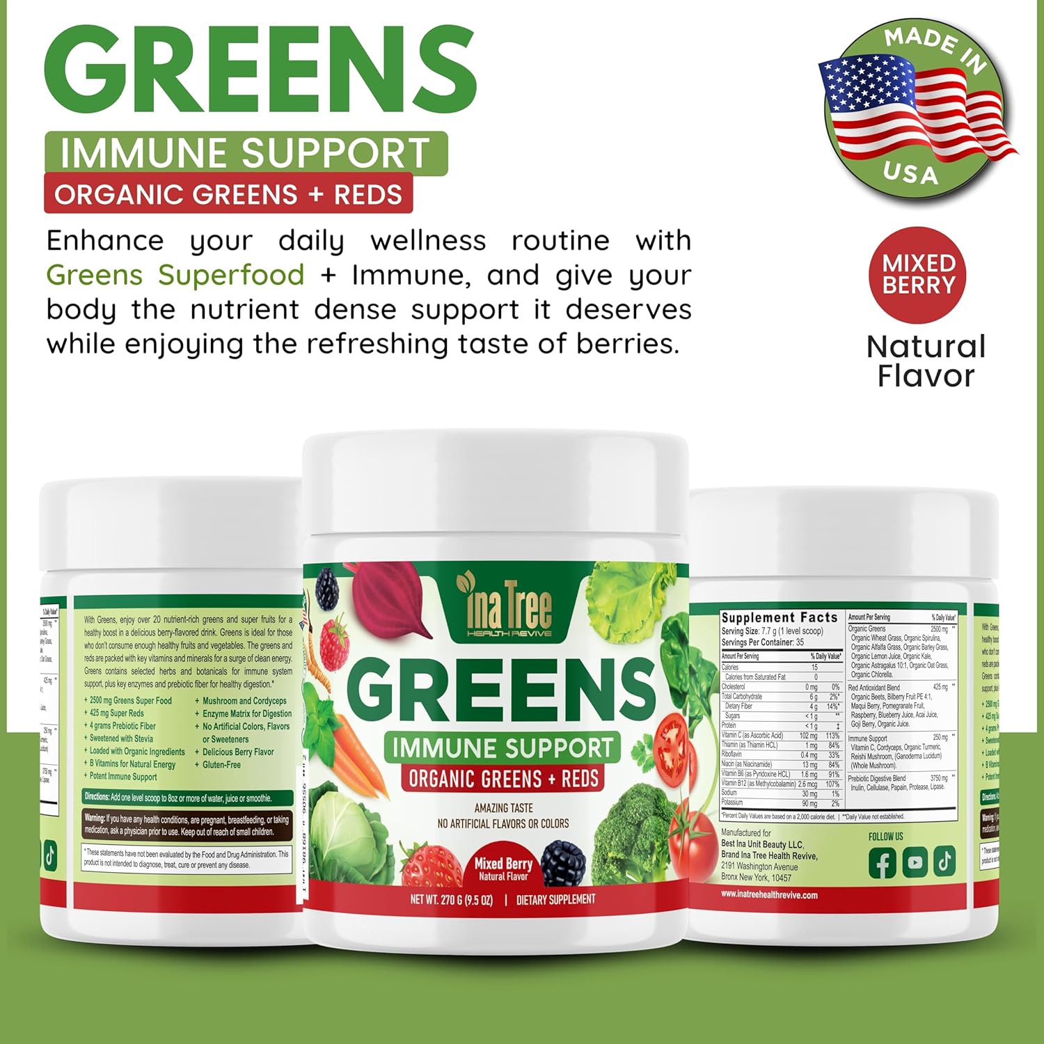 Greens Powder Immune Support, Superfood Blend with 20 Organic Greens & Superfruits, Boost Energy Level, Digestive Enzymes & Prebiotic Blend, Natural Mixed Berry Flavor (9.5 Oz)