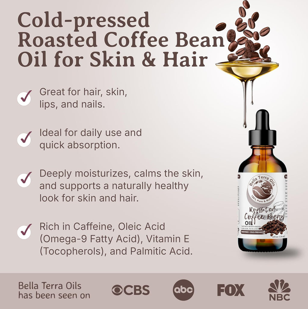 Bella Terra Oils - Roasted Coffee Bean Oil 2oz - The Ultimate Coffee Serum, Abundant in Palmitic Acid & Vitamin E, Dive into Coffee's Nourishing Embrace