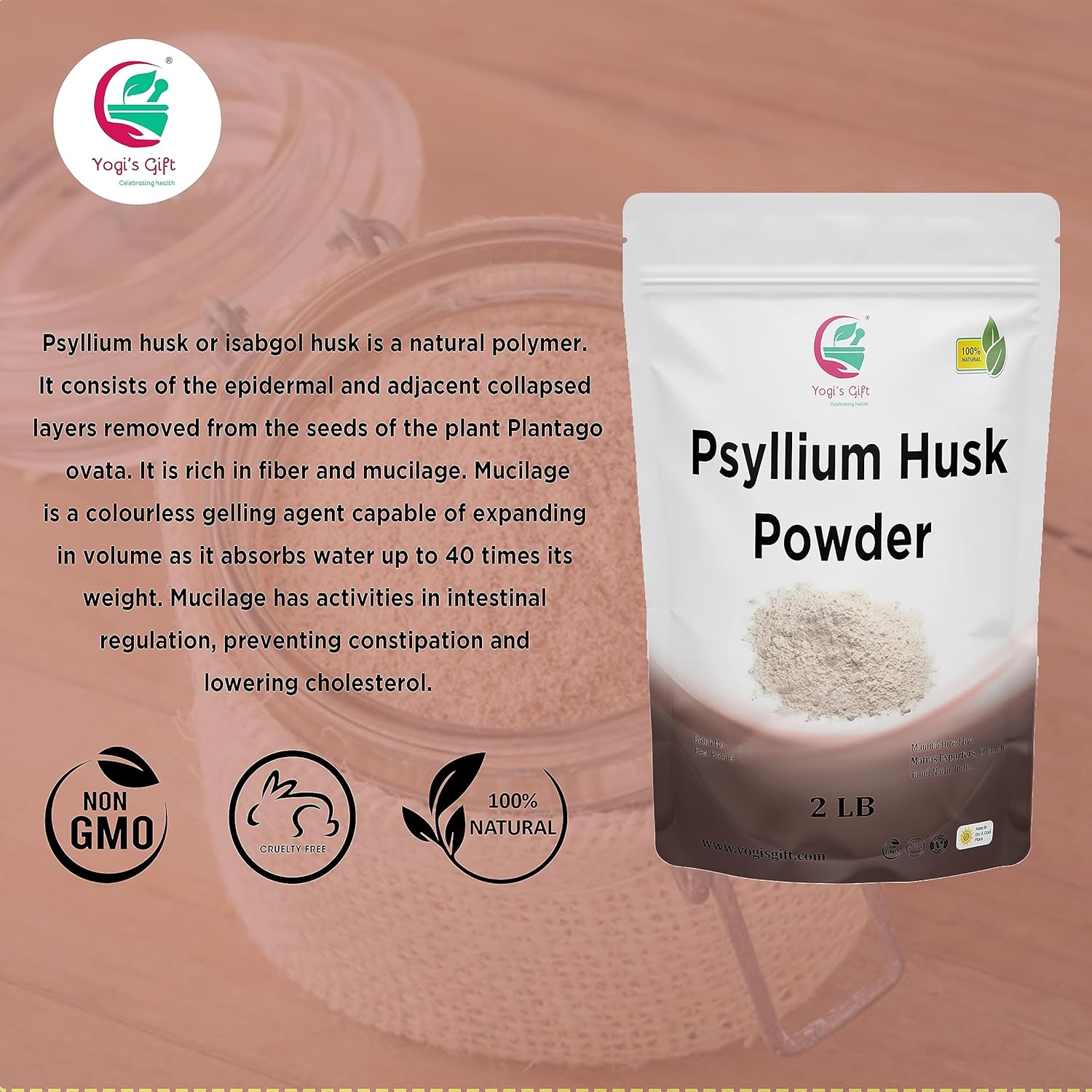 Psyllium Husk Powder 2 lb (32Oz) 98% Purity, Premium Quality, Use for Baking, Cooking and Beverages, 100% Natural Fine Ground, Non GMO by Yogi's Gift®