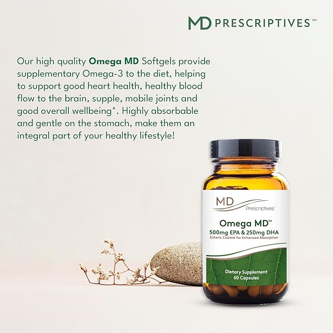 MD Prescriptives Omega MD Supplement - 500 EPA & 250 DHA Omega 3 Fish Oil - Supports Brain Health & Joints* - No Fishy Smell - 60 Softgels