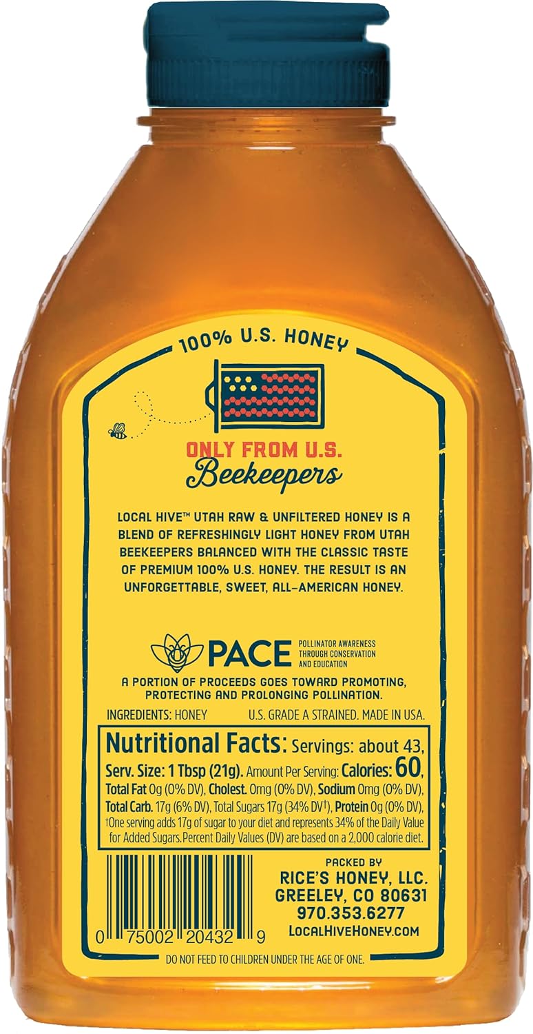 Local Hive Utah Raw & Unfiltered – 32 oz | 100% Pure U.S. Honey | Natural Sweetener Sourced from American Bees & Beekeepers | Light Floral Flavor | Ideal for Tea, Baking & Cooking