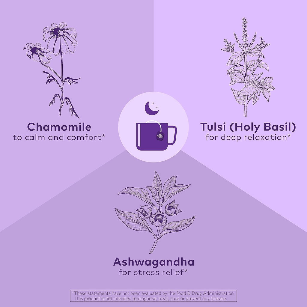 ORGANIC INDIA Tulsi Sleep Herbal Tea - Holy Basil, Ashwagandha, Chamomile, Night Time Tea for Bedtime, Stress Relieving & Relaxing, Immune Support, USDA Certified Organic - 18 Infusion Bags, 6 Pack