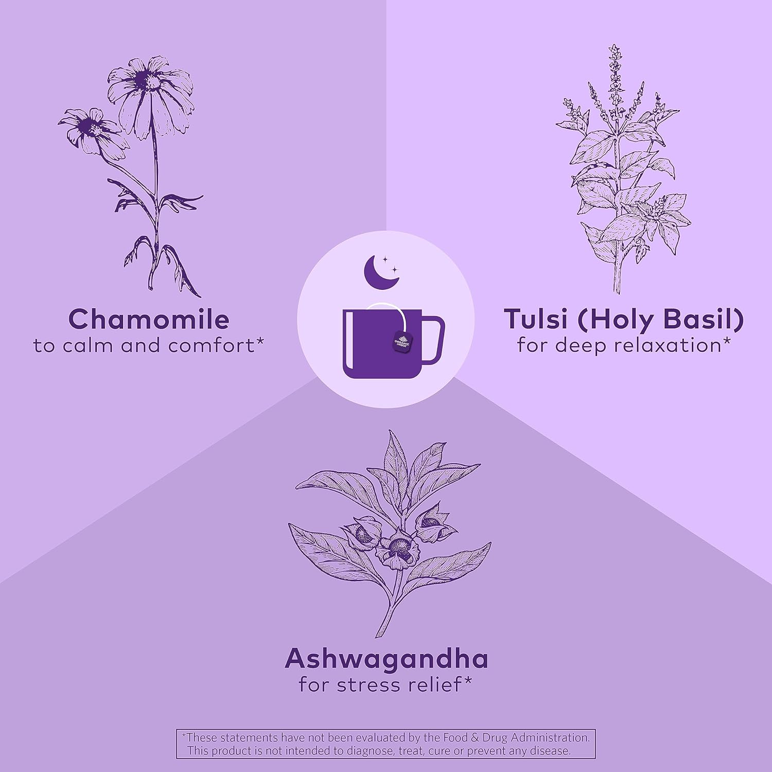 ORGANIC INDIA Tulsi Sleep Herbal Tea - Holy Basil, Ashwagandha, Chamomile, Night Time Tea for Bedtime, Stress Relieving & Relaxing, Immune Support, USDA Certified Organic - 18 Infusion Bags, 6 Pack