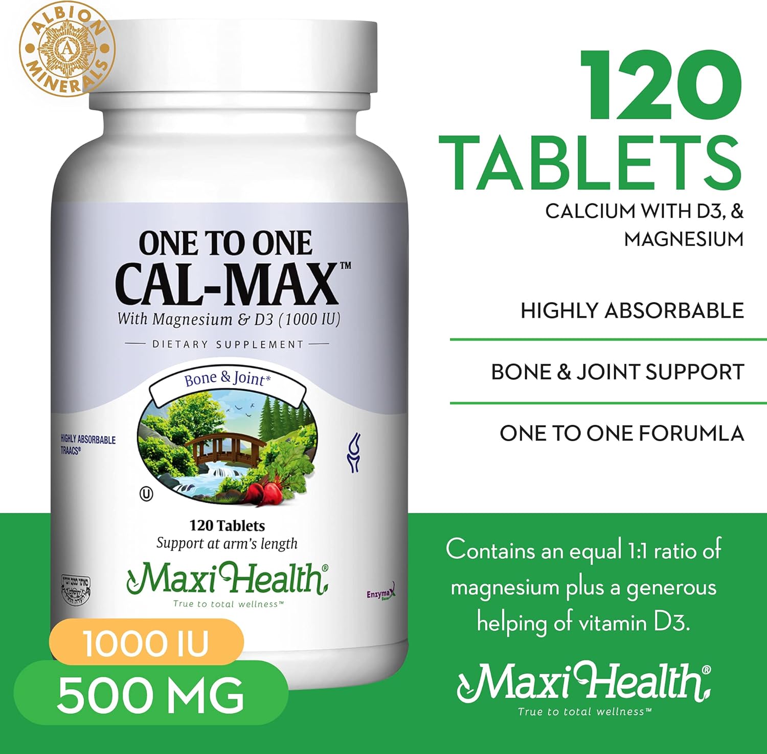 500 mg Calcium Supplement with Vitamin D3 (1000 IU) and Magnesium (500 mg) - Bone, Teeth and Joint Support for Men and Women - 120 Tablets - One to One Cal-Max by Maxi Health