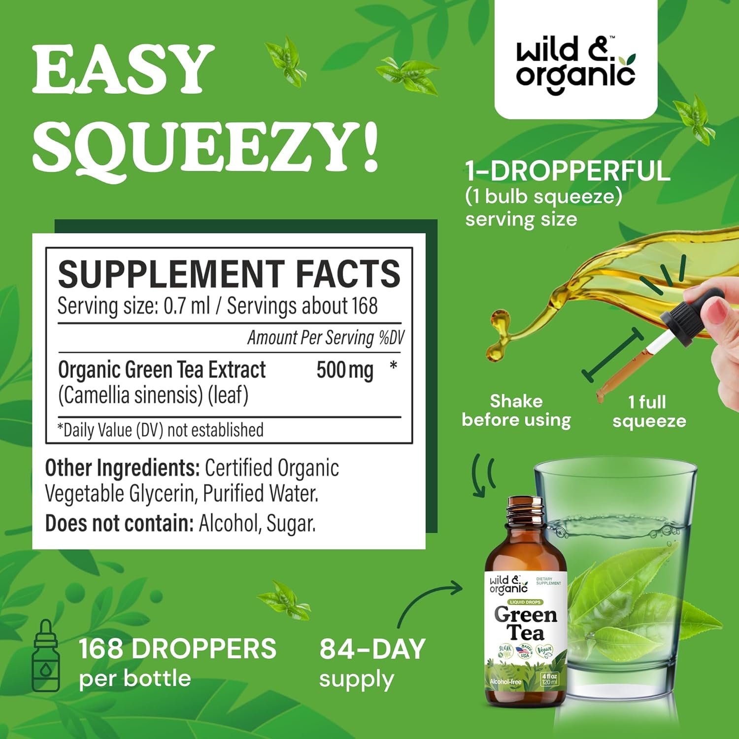 Wild & Organic Green Tea Extract Liquid Drops - Antioxidant-Rich Green Tea Supplement - 2-Month Supply - Vegan, Sugar & Alcohol-Free Camellia Sinensis Tincture - 4 fl oz