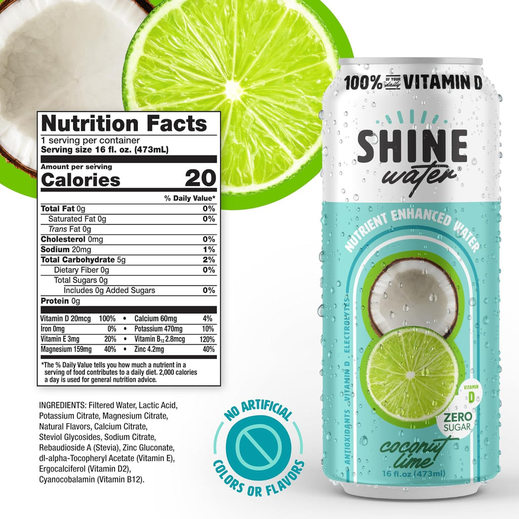 ShineWater Vitamin D Hydration Electrolyte Drink - Flavored water with electrolytes, Sugar-Free, Magnesium, Zinc, Vitamin B12, Folic Acid, Plant-Based, Low Calorie - Coconut Lime Fruit Water 12 Pack