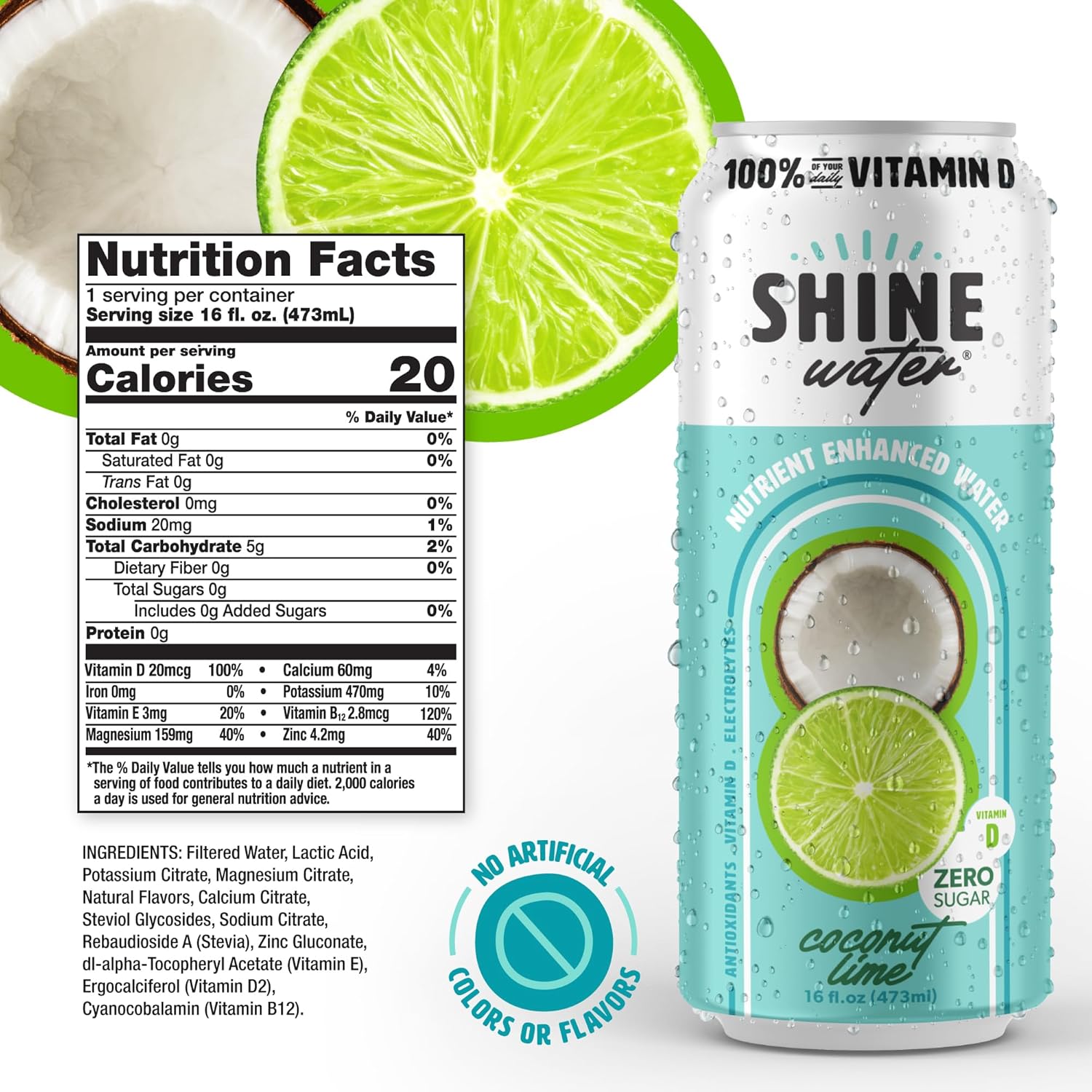 ShineWater Vitamin D Hydration Electrolyte Drink - Flavored water with electrolytes, Sugar-Free, Magnesium, Zinc, Vitamin B12, Folic Acid, Plant-Based, Low Calorie - Coconut Lime Fruit Water 12 Pack